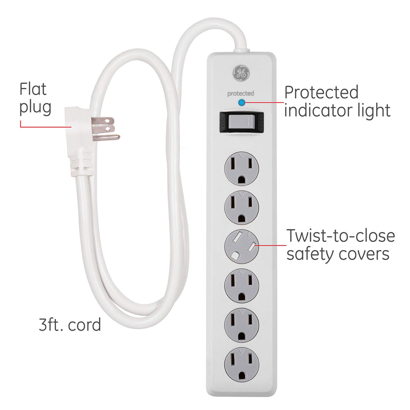 [Australia - AusPower] - GE 6-Outlet Surge Protector, 4 Ft Extension Cord, Power Strip, 800 Joules & 3-Outlet Extender Sur Protector with 2 USB Ports, Charging Station, Wall Tap, Protected Indicator Light White 1 Pack Power Strip + 3-Outlet Extender Sur Protector 