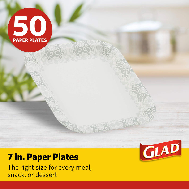 [Australia - AusPower] - Glad Square Disposable Paper Plates with Gray Victorian Print|Soak Proof, Cut-Proof, Microwaveable Heavy Duty Disposable Plates, 7 Inches, 50 Count|Square Plates, Party Paper Plates, Paper Plates Bulk 7" Plates - 50 Count 