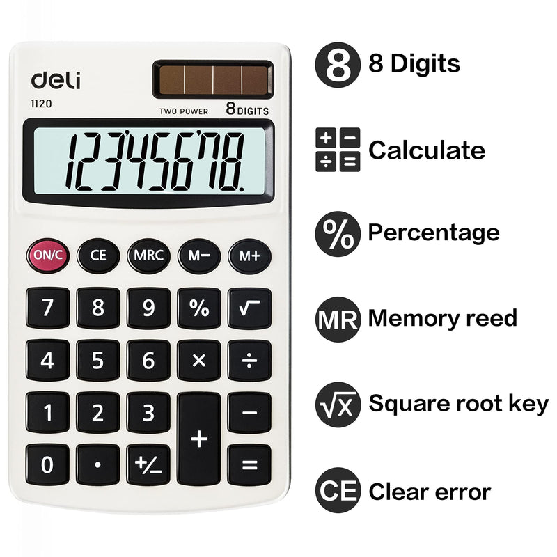 [Australia - AusPower] - Calculator, Deli Standard Function Basic Calculators, Solar Battery Dual Power Office Calculator with Cover, Metal Panel 1 Pack 