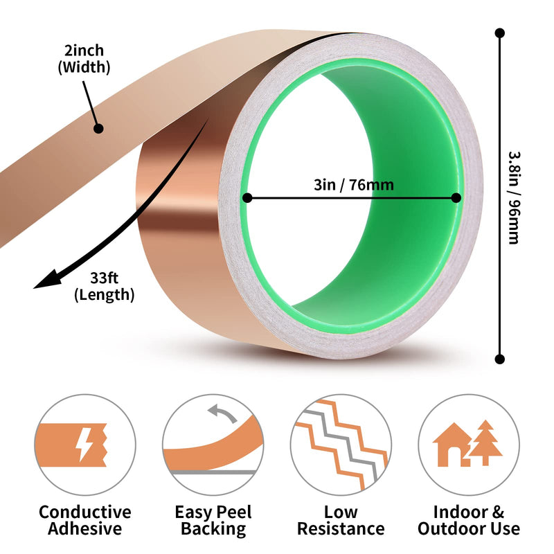 [Australia - AusPower] - Copper Tape, Copper Foil Tape Kirecoo (2inch X 33 FT) Copper Foil with Conductive Adhesive for Guitar, EMI Shielding, Crafts, Electrical Repairs and Grounding 2inch X 33 FT 