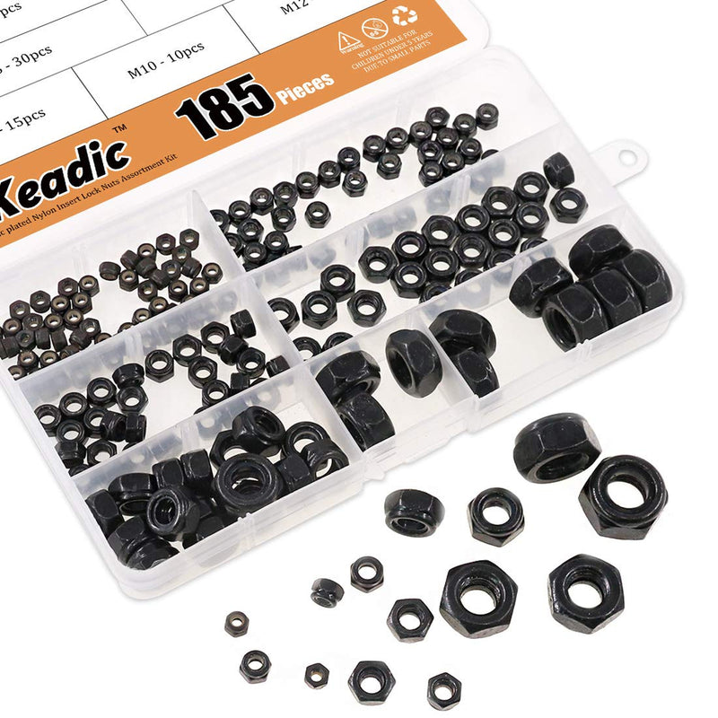 [Australia - AusPower] - Keadic 185 Pieces Metric Black Zinc Plated Nylon Insert Lock Nuts Assortment Kit for Matching Screws or Bolts - Sizes Include：M3 M4 M5 M6 M8 M10 M12 