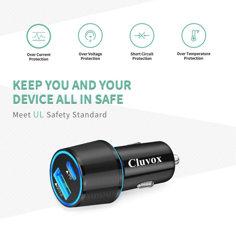 [Australia - AusPower] - Cluvox 20W Fast USB C Car Charger Adapter, Compatible for iPhone 13/12/Pro/Max/Mini/11/XS/X/XR/8/Plus/SE 2020/iPad/Air 3 Rapid PD& QC 3.0 Automobile Charger& 3.3ft MFi Certified Nylon Cable -Black R-Black 3.3 ft 