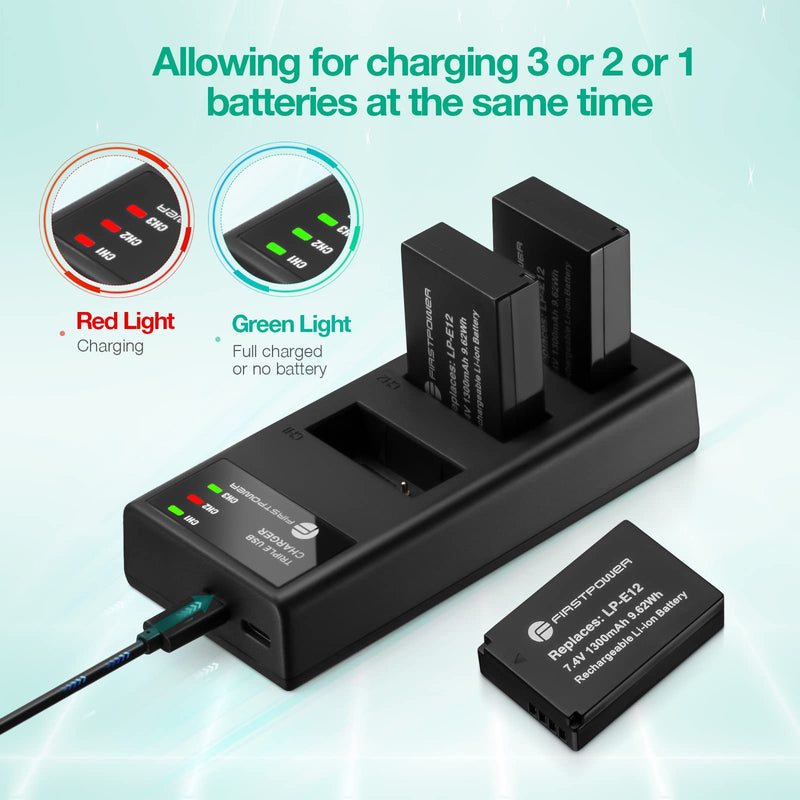 [Australia - AusPower] - FirstPower LP-E12 Battery 3-Pack and Triple Slot Charger for Canon EOS M50, EOS M50 Mark II, EOS M, EOS M2, EOS M10, EOS M100, EOS M200, Rebel SL1, PowerShot SX70 HS Digital Cameras 