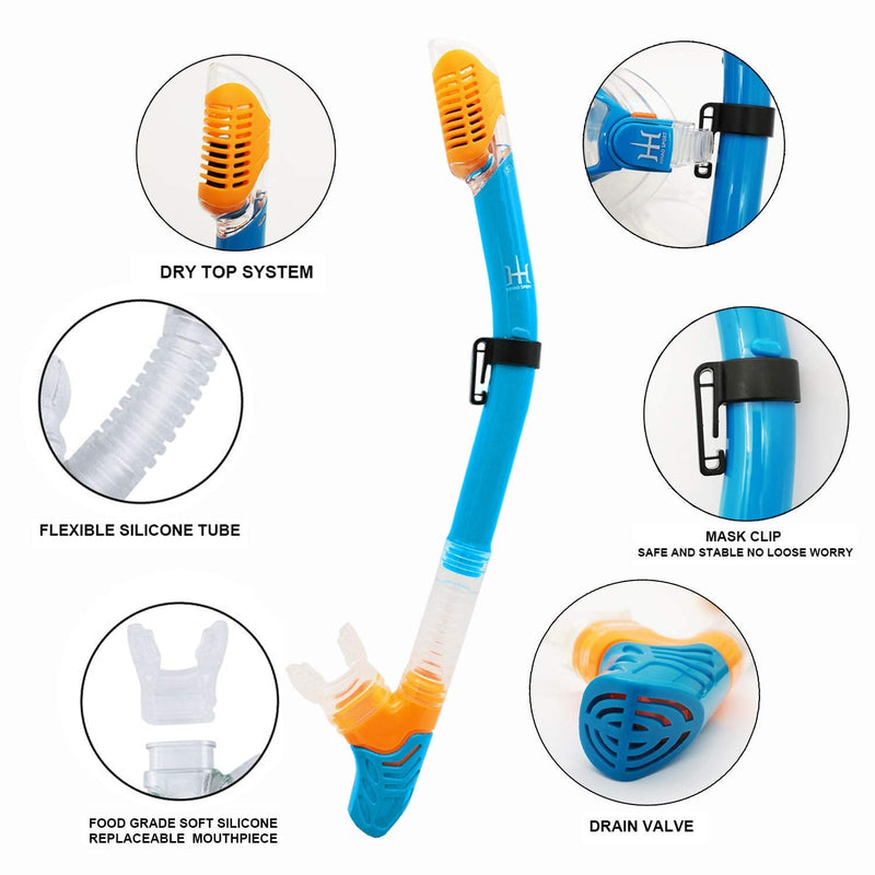 [Australia - AusPower] - Kids Snorkeling Gear Dry Snorkel HHAO Sport Kids Snorkel Set Junior Anti Fog 180° Panoramic View, Swim Goggles with Nose Cover Scuba Diving Mask for Boys Girls, 4-15 Yrs Old Blue-orange 