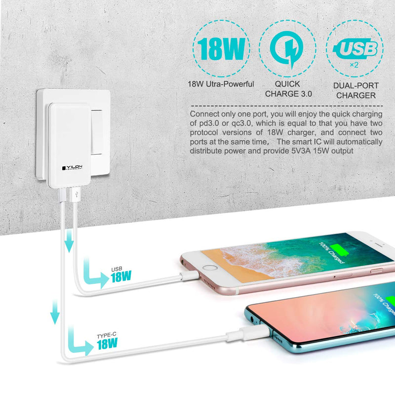 [Australia - AusPower] - YILON Ultrathin-Slim Fast Plug/USB c Fast Charger 2 Port PD Charger/Portable Travel Wall Charger Plug with QC3.0 Port Power for iPhone X/11/12Pro Max,Airpods,Galaxy All Smart Phone USB c 18w Charger white 