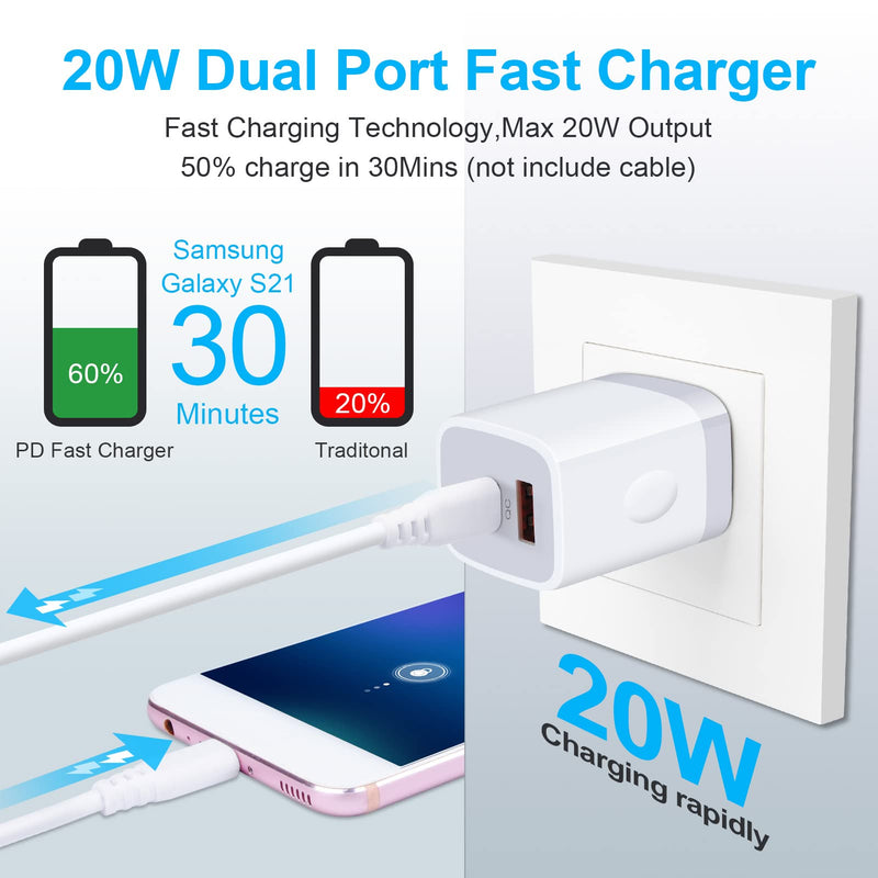 [Australia - AusPower] - USB C Charger Block,20W PD+QC Charging Brick USB C Power Adapter Dual Port Fast Charger for iPhone 13 Pro Max/13/12 Pro/SE/11;Samsung Galaxy S22,S21 Ultra,S21FE,S20 FE,Note 20,Google Pixel 6 Pro,5,4XL 2 Pack PD+QC Charger(White) 