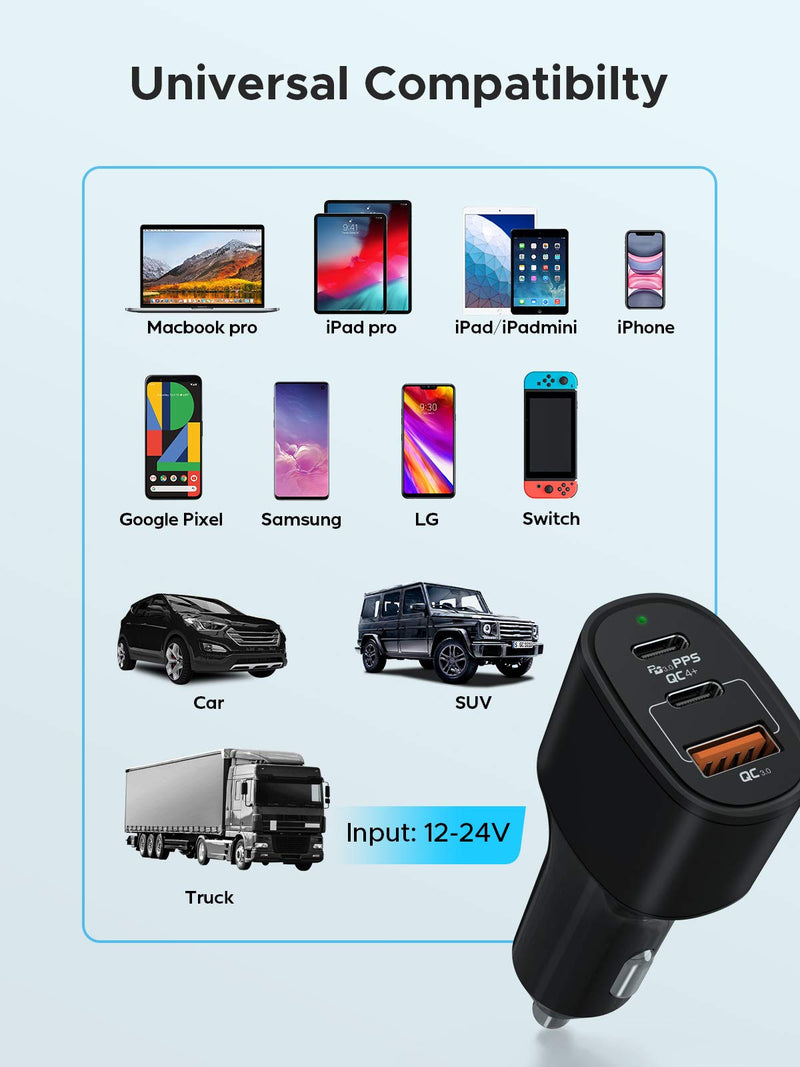 [Australia - AusPower] - USB C Car Charger 60W Key Power Fast Car Charge Type C Car Charger Adapter - Dual USB-C and USB-A Ports with 30W & 22.5W Compatible with iPhone 12/11/11 Pro Max/XS/XR/SE, iPad Pro, Galaxy, Pixel 