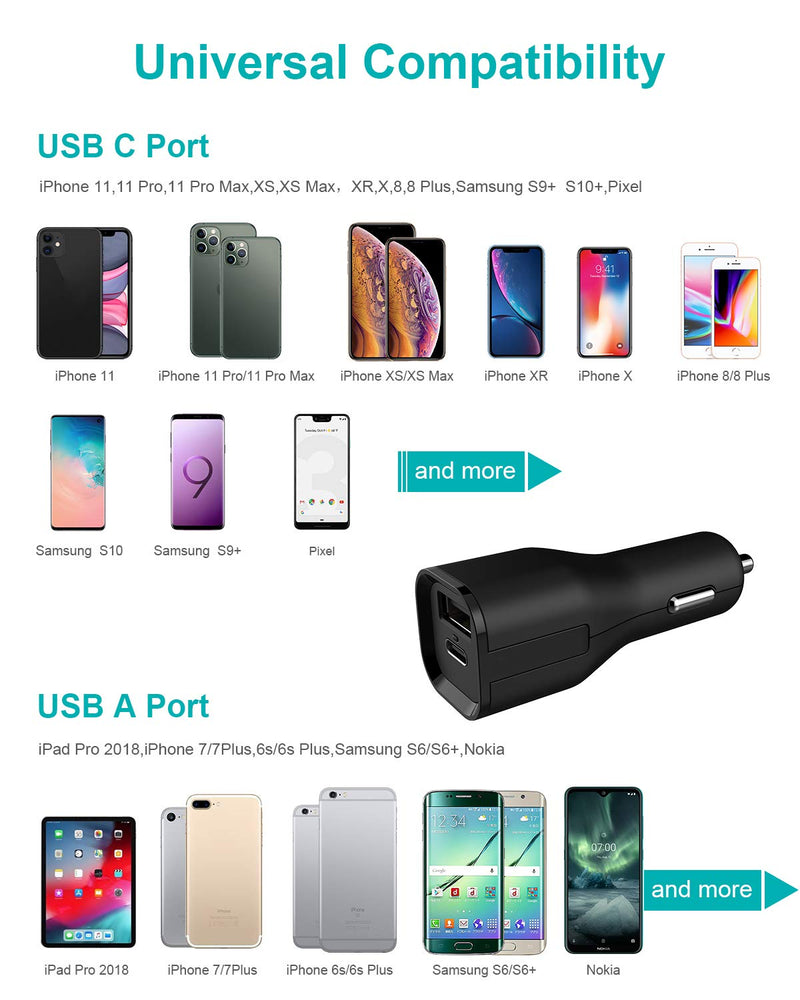 [Australia - AusPower] - 30W USB C Car Charger,Fantany USB-IF Certified Car Charger with 18W USB C Power Delivery Fast Charging&12W USB A for iPhone 11 Pro Max XS Max XR,Galaxy S8 Note 8 Pixel 3 4 More(with 3ft USB C Cable) 