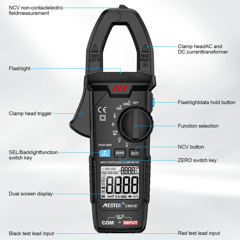 [Australia - AusPower] - MESTEK Digital Clamp Meter Multimeter T-RMS 6000 Counts, AC/DC Current and AC/DC Voltage Tester with Amp, Volt, Ohm, Temperature, Continuity, Diode and Resistance Test, Auto-ranging Black New 