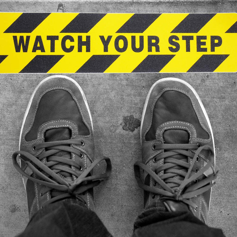 [Australia - AusPower] - 5 Pieces Watch Your Step Warning Sticker Adhesive Tape Anti Slip Abrasive Tape for Workplace Safety Wet Floor Caution, 6 by 24 Inches 