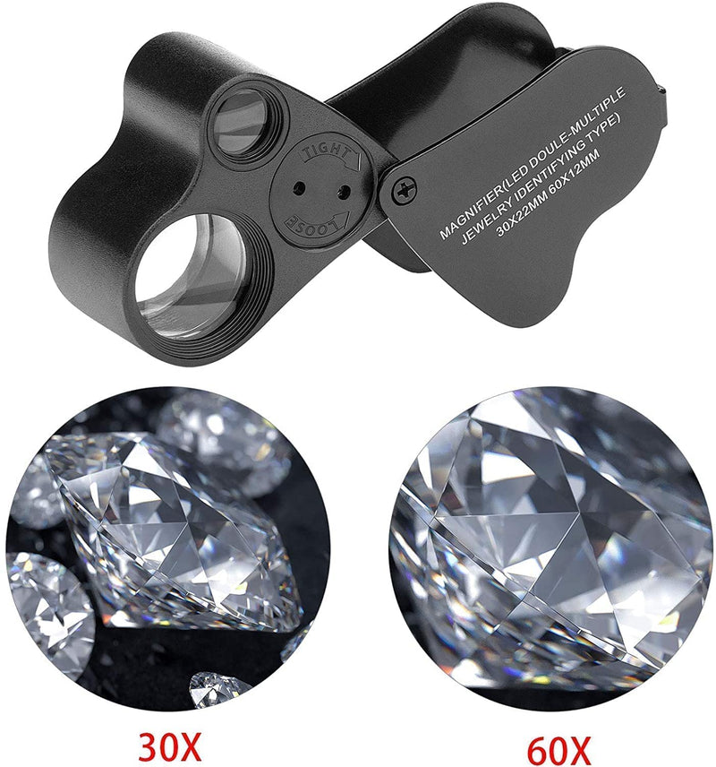 [Australia - AusPower] - Best Sellers Diamond Tester Pen+30X 60X Illuminated Jewelry Eye Loupe,Foldable Magnifying Jewelry Distinguish Tool,High Accuracy Professional Diamond Selector for Novice and Expert Diamond Tester+60X30X Loupe 