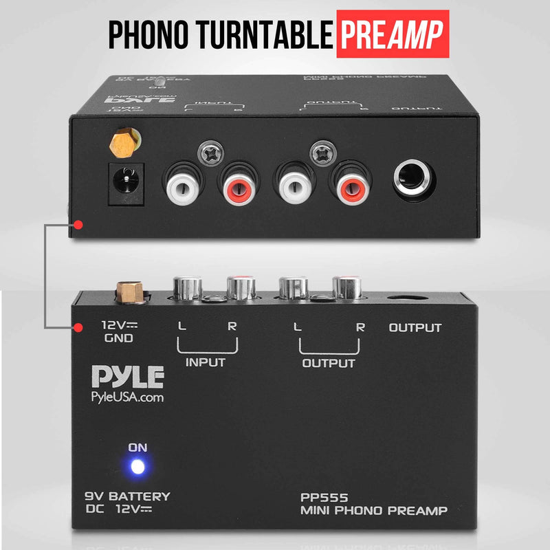[Australia - AusPower] - Pyle Phono Turntable Preamp - Mini Electronic Audio Stereo Phonograph Preamplifier with 9V Battery Compartment, Separate DC 12V Power Adapter, RCA Input, RCA Output & Low Noise Operation (PP555) BLACK 
