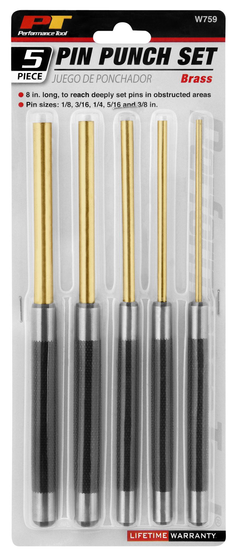 [Australia - AusPower] - Performance Tool W759 Roll Pin Punch Set to Remove Pins with Knurled Steel Handles for Good Grip, 8 inches (5-pc) 5pc 8" Long Brass Pin Punch 
