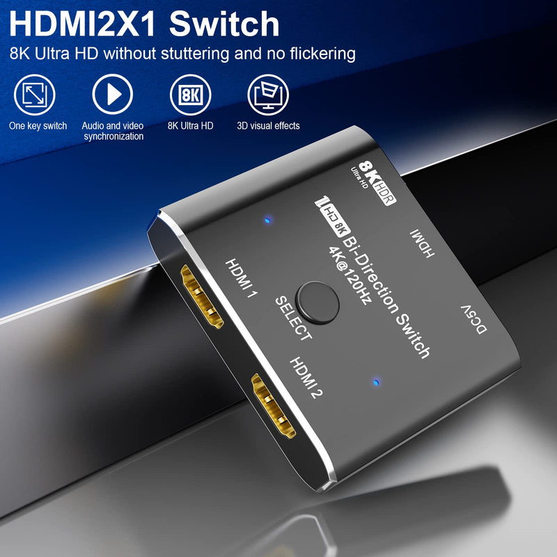 [Australia - AusPower] - CABLEDECONN HDMI 2.1 Ultra 8K HD Bi-Directional Mini Switch 8K@60Hz 4K@120Hz HDR 1in 2out 2in 1out High Speed 48Gbps Splitter(Singal Display) Converter Compatible with Xbox X PS5 Aluminum Shell 