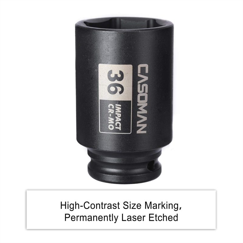 [Australia - AusPower] - CASOMAN 1/2" Drive x 36 mm Deep 6 PT Impact Socket, CR-MO, 1/2-inch Drive 6 Point Axle Nut Socket for Easy Removal of Axle Shaft Nuts (36MM) 6-Point Socket 36mm 