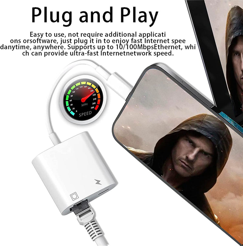 [Australia - AusPower] - 【Apple MFi Certified】 Lightning to Ethernet Adapter, 2 in 1 Rj45 Ethernet LAN Network Adapter, iPhone Ethernet Cable with Charge Port Compatible with iPhone/iPad/iPod Supports 100Mbps,Plug and Play 