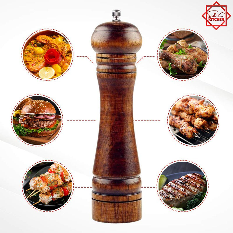 [Australia - AusPower] - Wooden Pepper Mill or Salt Mill with a cleaning brush - 8 inch tall - Best Pepper or Salt Grinder Wood with a Adjustable Ceramic Rotor and easily refillable - Oak Wood Pepper Grinder for your kitchen 