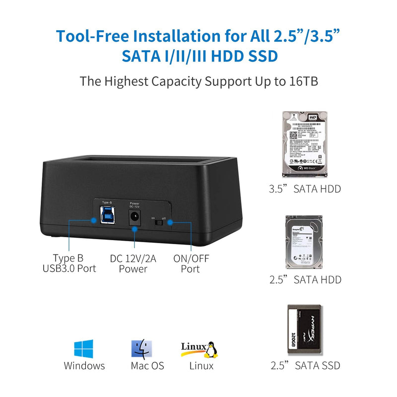 [Australia - AusPower] - SSK USB 3.0 to SATA External Hard Drive Docking Station Enclosure Adapter for 2.5 & 3.5 Inch HDD SSD SATA, Super Speed up to 5Gbps, Support UASP no Drivers Needed(16TB Supports) 