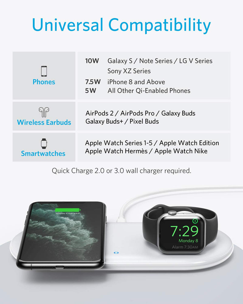 [Australia - AusPower] - Anker Wireless Charging Station, 2 in 1 PowerWave+ Pad with Holder for Apple Watch 5/4/3/2, Wireless Charger for iPhone 13, 12, 12 Pro Max, 11, AirPods (Watch Charging Cable & AC Adapter Not Included) 