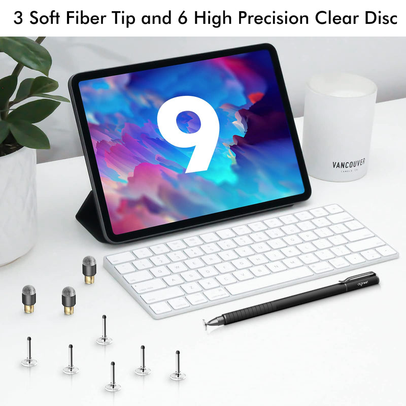 [Australia - AusPower] - digiroot Universal Stylus,[2-in-1] Disc Stylus Pen Touch Screen Pens for All Touch Screens Cell phones, iPad, Tablets, Laptops with 9 Replacement Tips(6 Discs, 3 Fiber Tips Included) - (Black) Black 