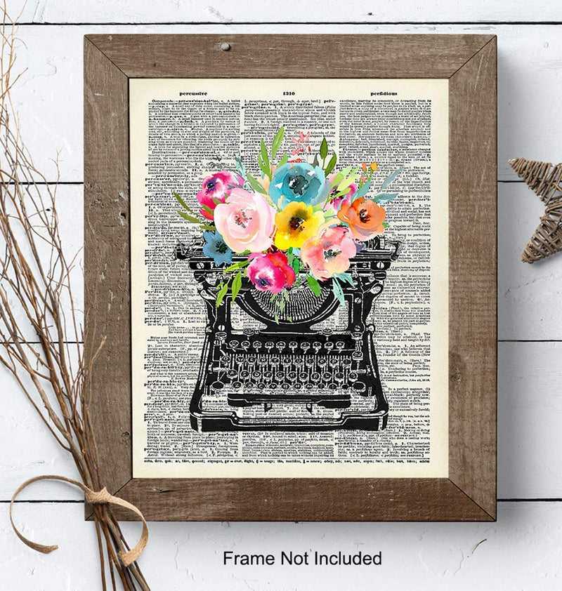 [Australia - AusPower] - Vintage Floral Typewriter Dictionary Wall Art - 8x10 Sentimental Upcycled Home Decoration, Apartment or Office Decor - Chic Unique Gift for Writer, Teacher, Journalist, Personal Assistant, Secretary 