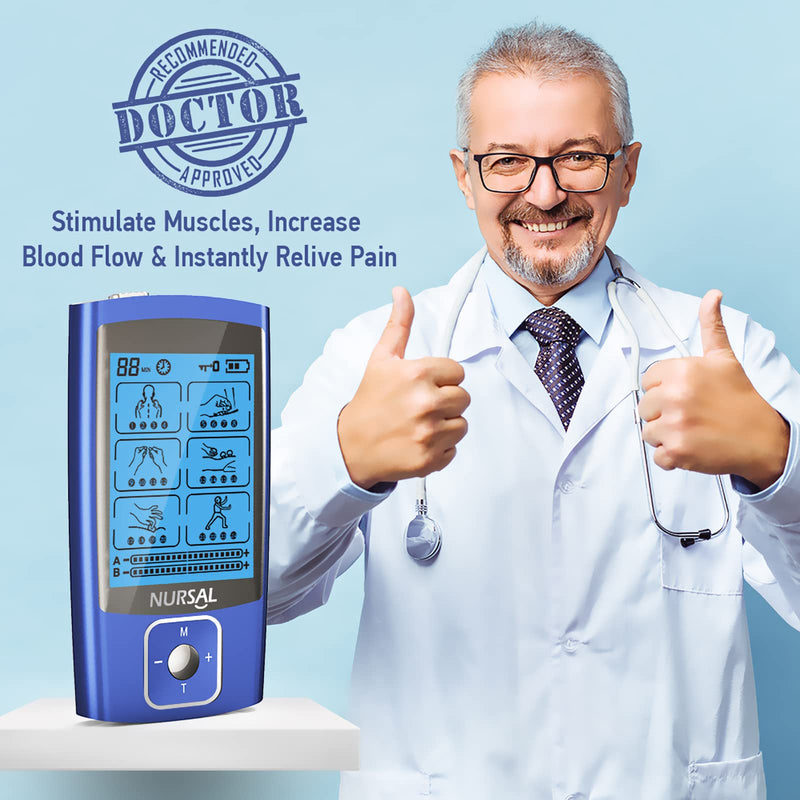 [Australia - AusPower] - NURSAL TENS EMS Unit Muscle Stimulator for Pain Relief Therapy, Electric 24 Modes Dual Channel TENS Machine Pulse Massager with 12 Pcs Electrode Pads/Continuous Stable Mode/Memory Function Blue 