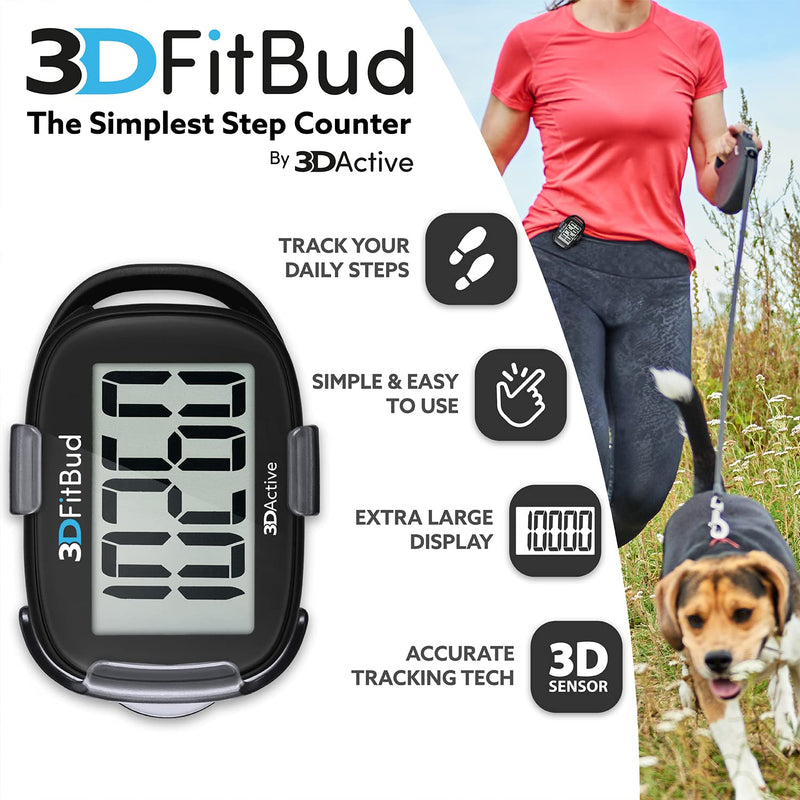 [Australia - AusPower] - 3DFitBud Simple Step Counter Walking 3D Pedometer with Clip and Lanyard, A420S Black 