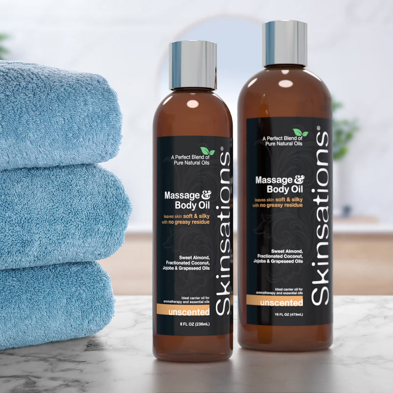 [Australia - AusPower] - Skinsations - Natural Massage & Body Oil - Unscented 16oz | Relaxing, Sore Muscle Aromatherapy, Edible Sweet Almond Blend with Fractionated Coconut, Grapeseed, Jojoba Oils, Soothes Dry, Sensitive Skin 16 Fl Oz (Pack of 1) 