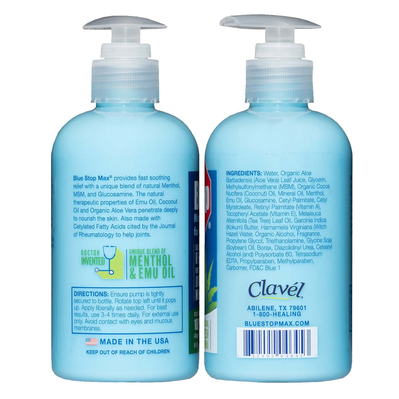 [Australia - AusPower] - Blue Stop Max Massage Gel and Muscle Rub Made with Aloe Vera, Emu Oil, and Menthol - Provides Muscle, Joint, and Body Ache Relief - Non-Greasy for Everyday Relief - 8 Oz Pump Bottle 8 Fl Oz (Pack of 1) 