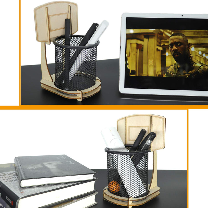 [Australia - AusPower] - GUOZI Creative Pen Pencil Holder, Handmade Wooden Basketball Stand Pencil Organizer, Metal Mesh Pencil Cup for Kids Desk Office Home School Supplies Birthday Christmas Ideal Gift etc. 