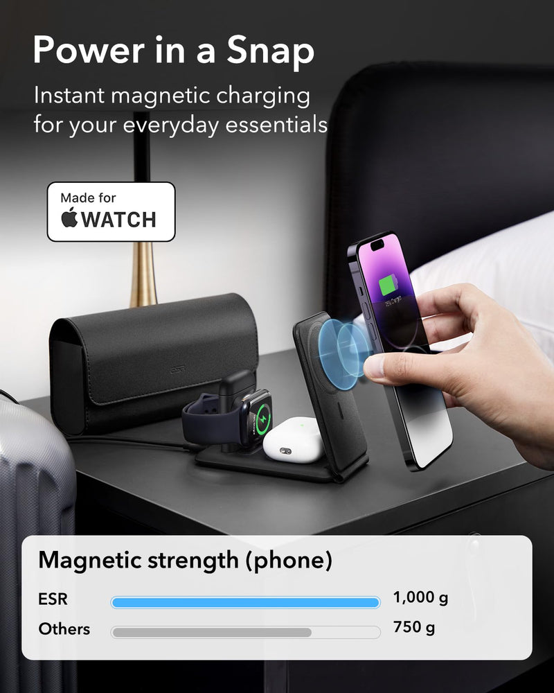 [Australia - AusPower] - ESR Magsafe 3 in 1 Charger (HaloLock), Travel Magsafe Charger Stand, Made for Apple Watch Certified, Foldable Magsafe Charging Station for iPhone 14/13/12, AirPods Pro/3/2, Adjustable 2-Way, Black 