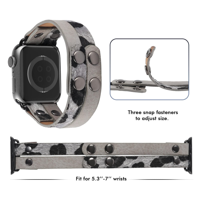 [Australia - AusPower] - YOSWAN Adjustable Furry Animal Printed Pattern Leather Watchband Strap Compatible with Apple Watch Band 38mm 40mm, Tuscany Genuine Leather Watch Band Bracelet for iWatch Series 6 5 4 3 2 1 & SE Gray Black 