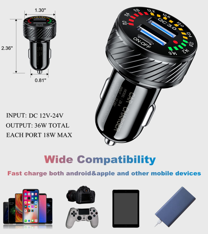 [Australia - AusPower] - BARCOVAN Car Charger, Dual QC3.0 Port USB Car Charger Adapter, 36W 3A Fast Charge Car Phone Charger with Colorful Voltmeter & ON/Off Switch 