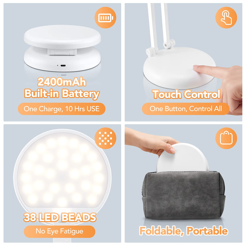 [Australia - AusPower] - ONEFIRE Desk Lamp Kids Desk Lamp Small Desk Lamp, 8 Brightness Desk Lamps Office Portable & Foldable, Cute Desk Lamp White Desk Lamp Study Lamp, Battery Operated Lamp Rechargeable Lamp Cordless Lamp Small White Desk Lamp 