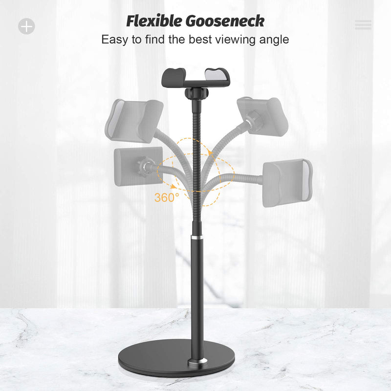 [Australia - AusPower] - Cell Phone Stand, Adjustable Height & Angle Phone Holder Gooseneck Flexible Arm Universal Phone Stand for Desk, Aluminum Alloy Desktop Cell Phone Holder Compatible with 3.5"-6.5" Device (Black) Black 