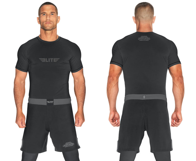 [Australia - AusPower] - 2022 Elite Sports Jiu Jitsu BJJ Rash Guards, Men’s BJJ, No GI, MMA Ranked Short Sleeve Compression Base Layer Rash Guard Black Small 