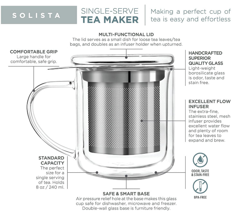 [Australia - AusPower] - Teabloom Single-Serve Tea Maker (8 OZ) - Double Wall Glass Cup with Infuser Basket and Lid for Steeping, Solista Brewing Mug 