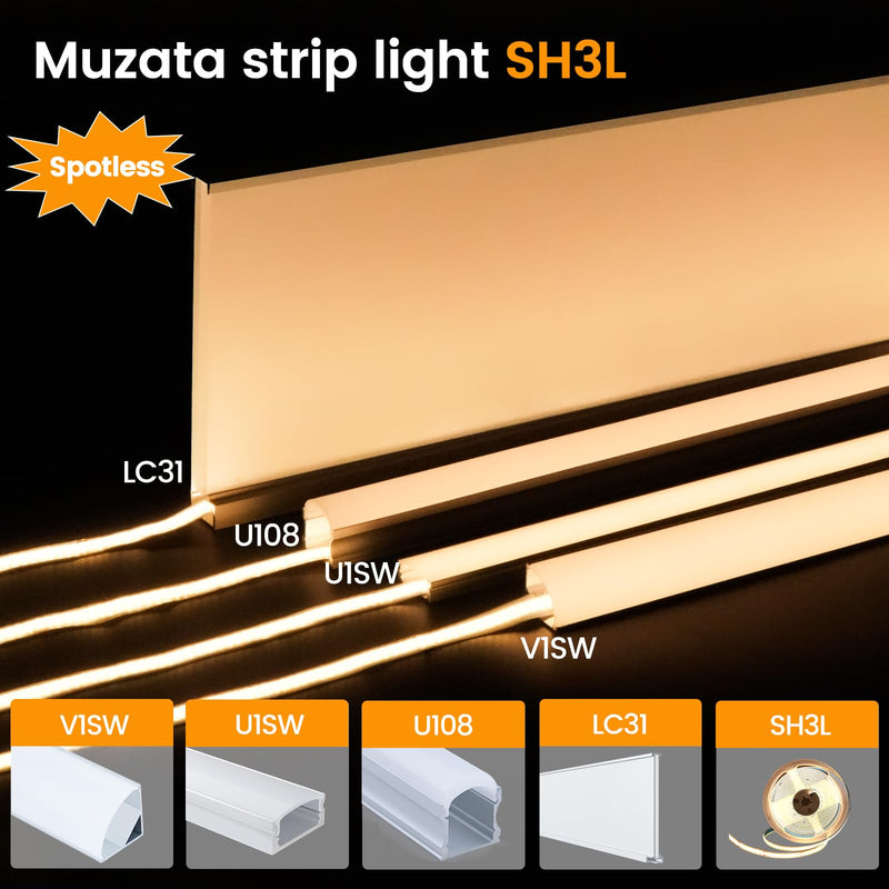 [Australia - AusPower] - Muzata 16.4FT COB LED Strip Lights SH3L DC24V 3000K Warm White 320LED/m High Density and 10Pack 3.3FT/1M LED Channel System with Milky White Cover U1SW 