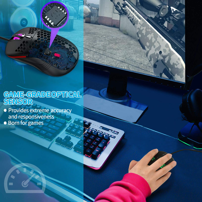 [Australia - AusPower] - Honeycomb Wired Gaming Mouse, RGB Backlight and 7200 Adjustable DPI, Ergonomic and Lightweight USB Computer Mouse with High Precision Sensor for Windows PC & Laptop Gamers (Black) Black 
