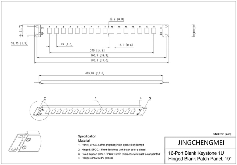 [Australia - AusPower] - Jingchengmei 16-Port 1U Hinged Rack Blank Patch Panel for Keystone Jack Cat.6 or Cat.5E, 19" Rackmount (H1UKS16H, Black) H1UKS16H 