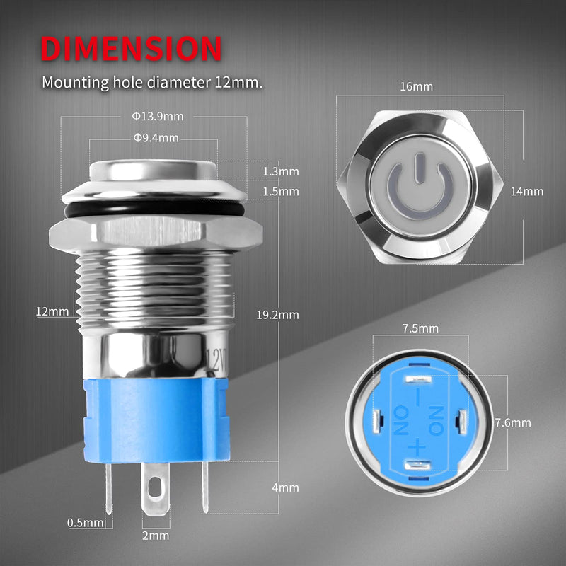 [Australia - AusPower] - DaierTek 6Pcs Mini Round Waterproof Push Button Switch 12mm ON Off Latching 1NO Pushbutton Self-Locking with Blue LED 12V 