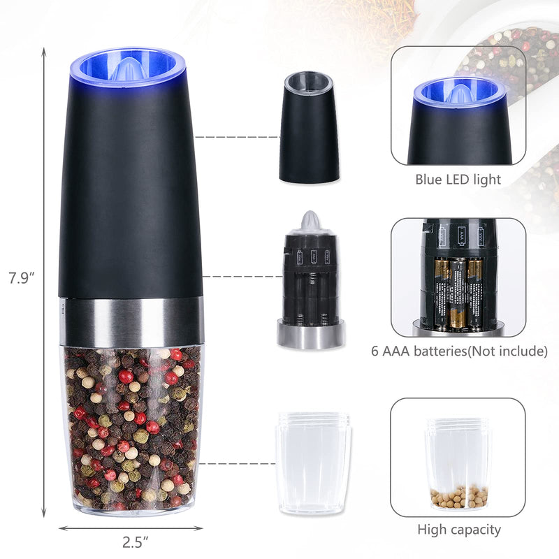 [Australia - AusPower] - 2 Pack Gravity Electric Salt and Pepper Grinder Set Automatic Battery Powered Salt Mill, Adjustable Coarseness, with Blue LED Light, One Hand Operated Black 2X 