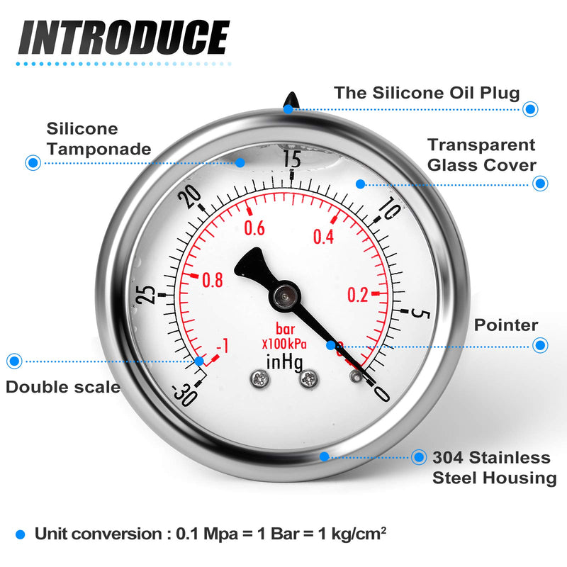[Australia - AusPower] - MEANLIN MEASURE -30~0Psi Stainless Steel 1/4" NPT 2.5" FACE DIAL Vacuum Pressure Gauge ，Center Back Mount -30inHG-0 