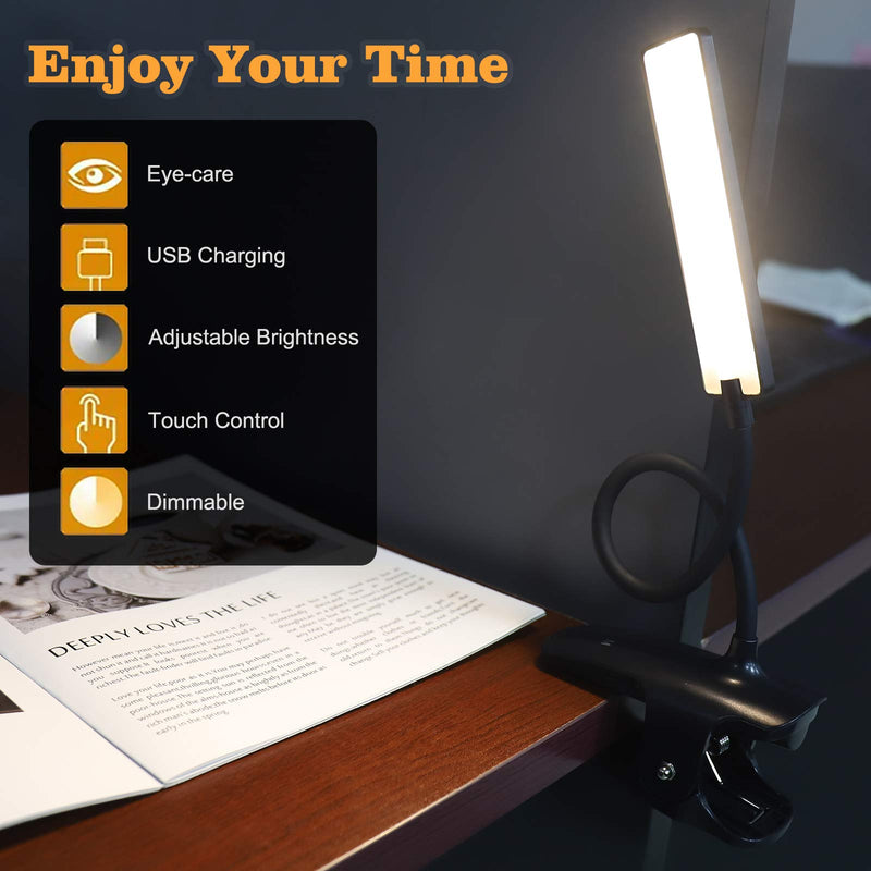 [Australia - AusPower] - LED Reading Light with Clip - Deaunbr USB Rechargeable Book Lights , 24 LEDs Flexible Neck Night Bed Lamp, Touch Control Portable Clamp Desk Lamps for Bed Headboard, Computers -Black Black 