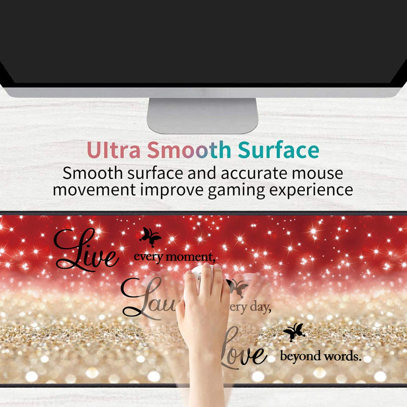 [Australia - AusPower] - Desk Pad Gaming Mouse Pads with Coasters,31.5"x 11.8" Large Non-Slip Rubber Base Mousepad with Stitched Edges for Office & Home,Red Glitter Quote Live Every Moment, Laugh Every Day, Love Beyond Words 