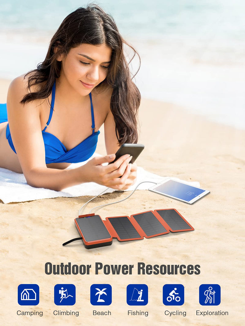 [Australia - AusPower] - Solar Charger 26800mAh, Outdoor Solar Power Bank with 4 Foldable Solar Panels and 2 High-Speed Charging Ports for iPhone, Tablets, Samsung, iPhone with Waterproof LED Flashlight-Orange Orange 