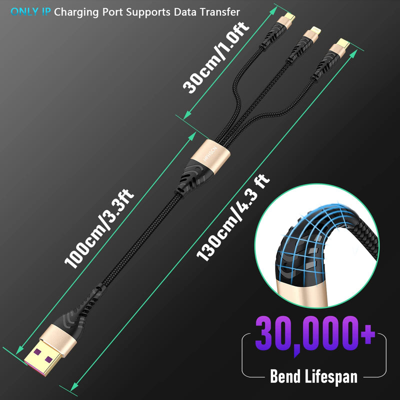 [Australia - AusPower] - Multi Charging Cable, [2Pack 4FT 3A] 3 in 1 Charging Cable Multiple USB Cord Nylon Braided Fast Charger for IP/Type-C/Micro-USB Compatible with Most Cell Phones/Tablets/Samsung Galaxy/Pixel and More 2Pack-4FT Gold 