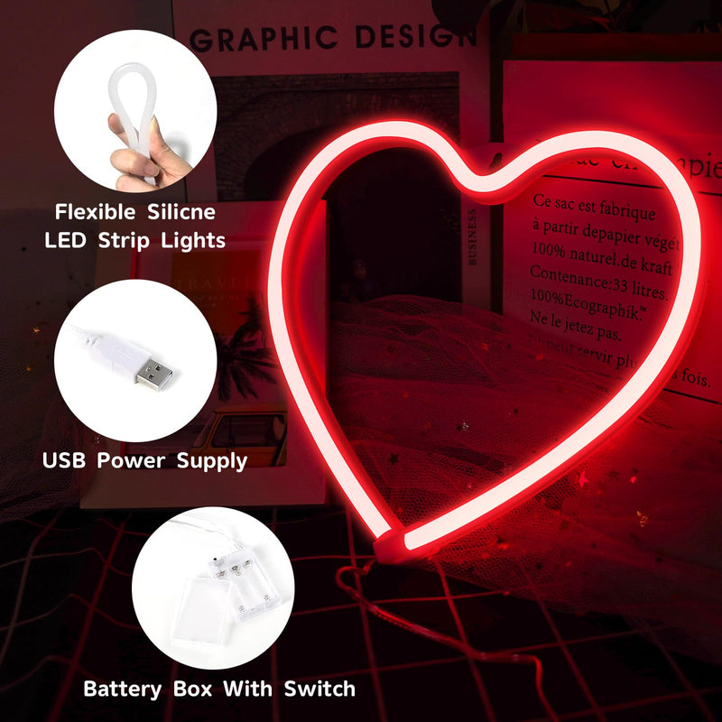 [Australia - AusPower] - Red Heart Neon Sign, LED Light 3-AA Battery Operated or USB Powered Decorations Lamp, for Girl's Room Dorm Wedding Anniversary Valentineâ€™s Day Motherâ€™s Day Birthday Party Home DÃ©cor 