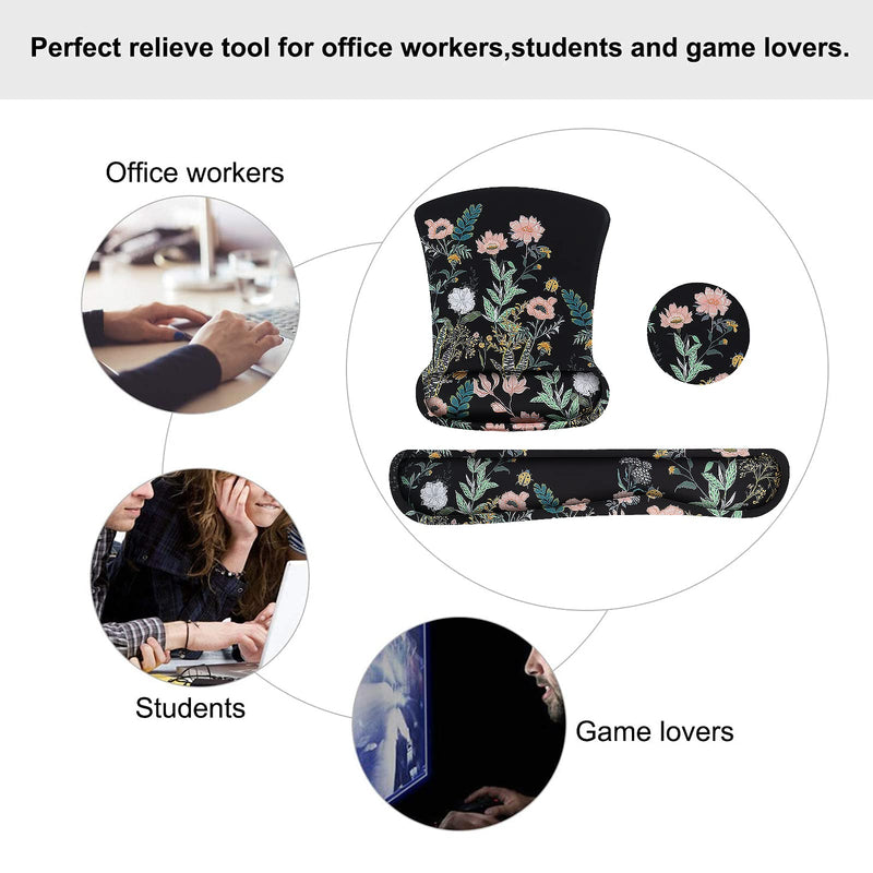 [Australia - AusPower] - MOSISO Wrist Rest Support for Mouse Pad&Keyboard Set, Wild Flowers Ergonomic Mousepad&Coaster Non-Slip Base Home/Office Pain Relief&Easy Typing Cushion with Neoprene Cloth&Raised Memory Foam, Black 
