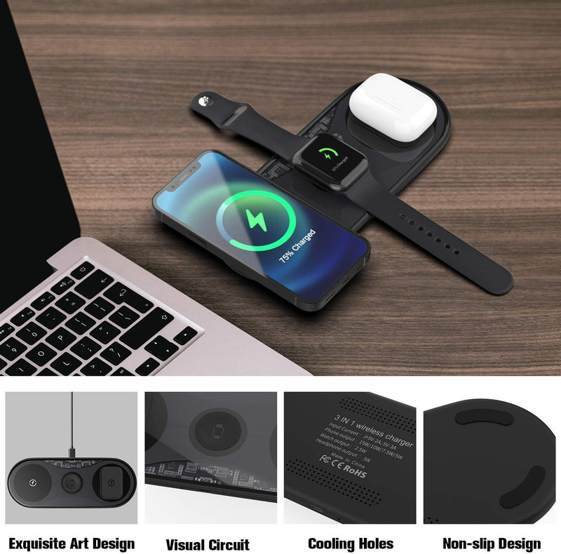 [Australia - AusPower] - UUTO Wireless Charger, 3 in 1 Qi-Certified Fast Wireless Charging Pad for iPhone 13 12 11 Pro/Pro Max/Mini/X/XS/XR/XS Max/8/8 Plus/SE 2/Samsung Phone, AirPods 2/Pro, iWatch (No QC 3.0 Adapter) Black 